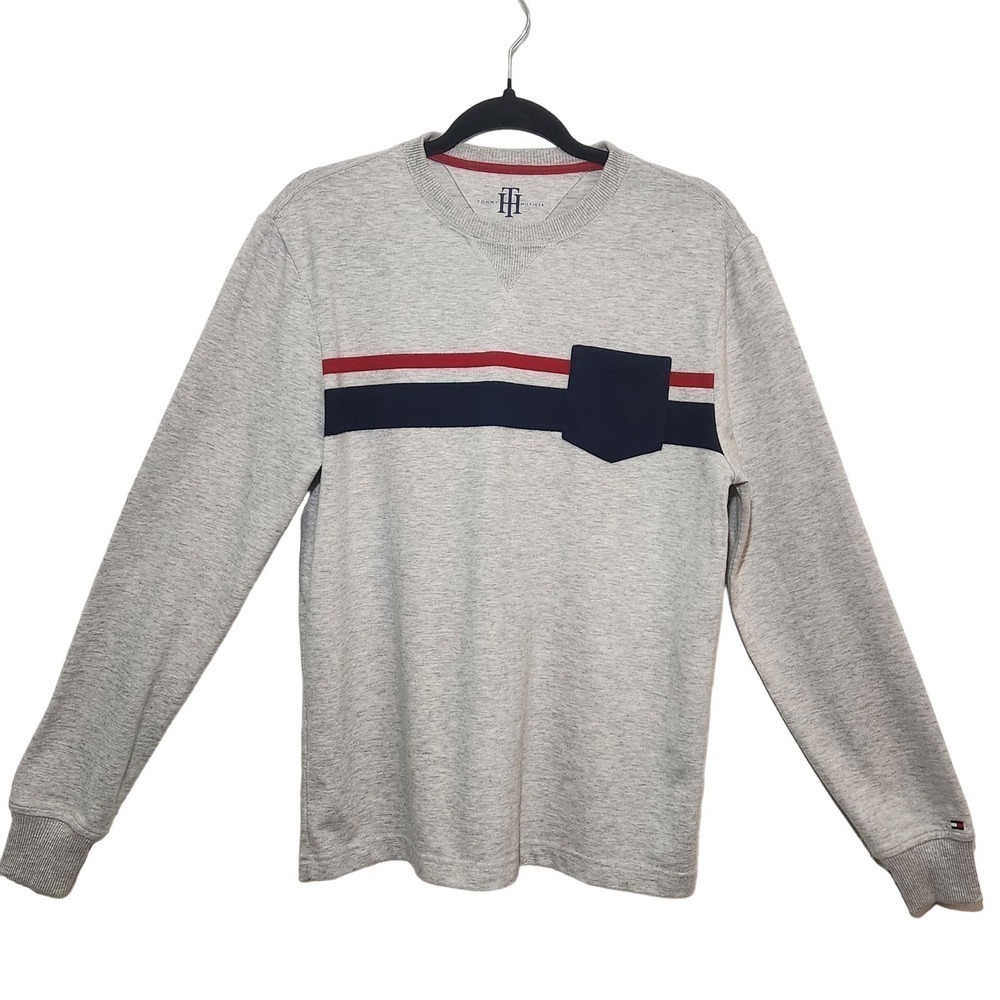 Tommy Hilfiger Crewneck Pullover Shirt Heather Gray Blue Red Men's Size Small‎